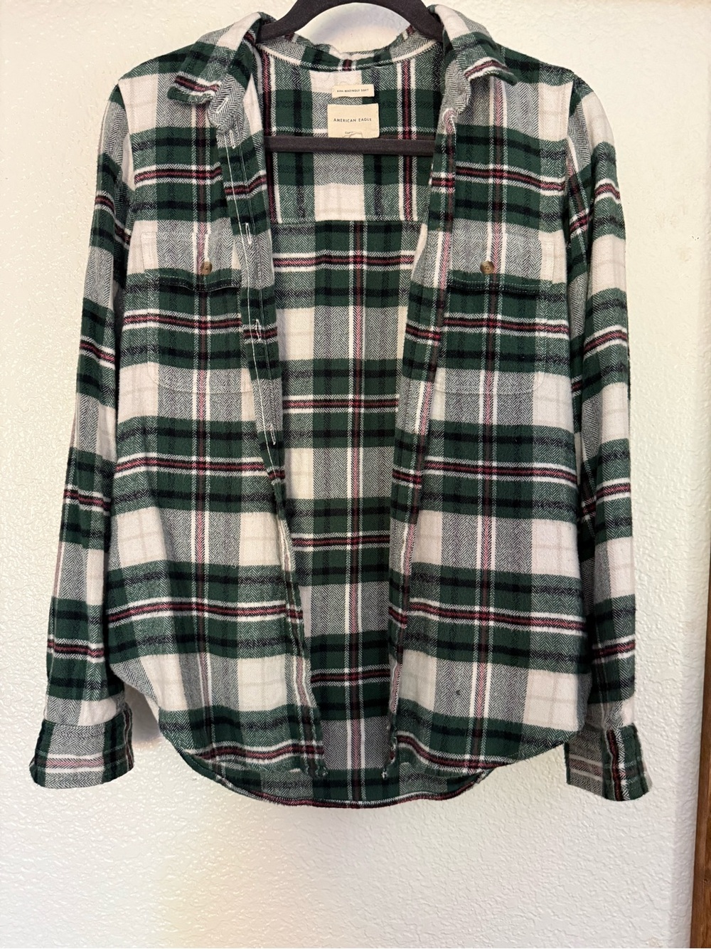 American Eagle Green and White Plaid Flannel Shirt
